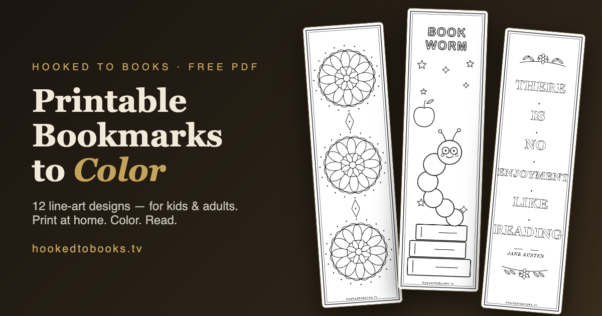 Preview of the free Hooked to Books printable coloring bookmarks — mandala, bookworm and Jane Austen quote designs