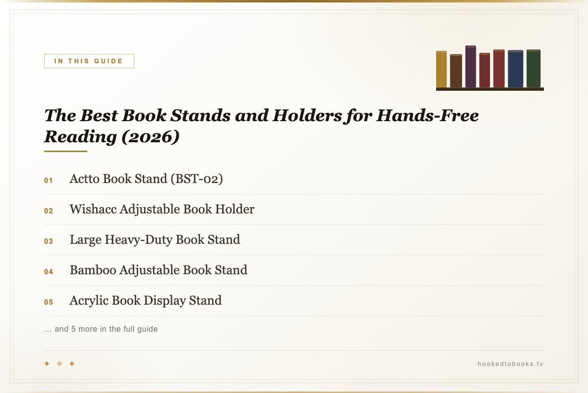 In this guide: Actto Book Stand (BST-02); Wishacc Adjustable Book Holder; Large Heavy-Duty Book Stand; Bamboo Adjustable Book Stand; Acrylic Book Display Stand