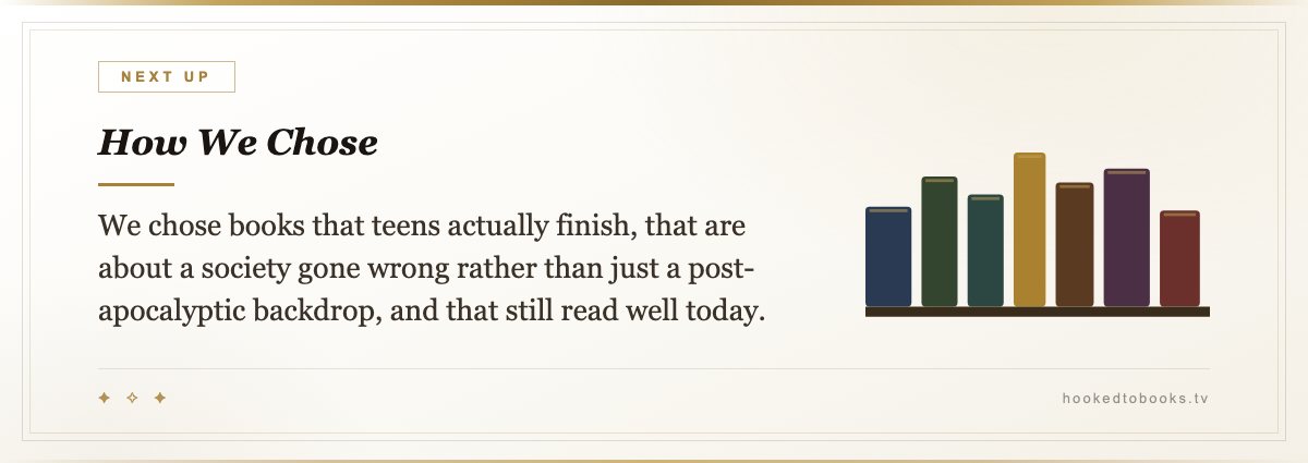 How We Chose — We chose books that teens actually finish, that are about a society gone wrong rather than just a post-apocalyptic backdrop, and that still read well today.