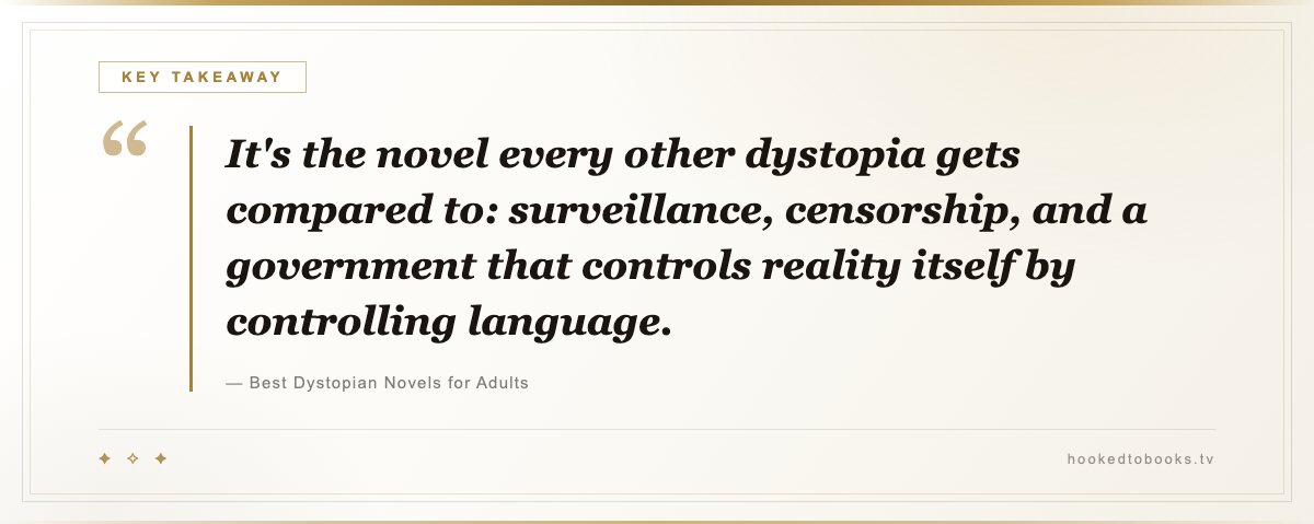 Key takeaway from Best Dystopian Novels for Adults: “It's the novel every other dystopia gets compared to: surveillance, censorship, and a government that controls reality itself by controlling language.”