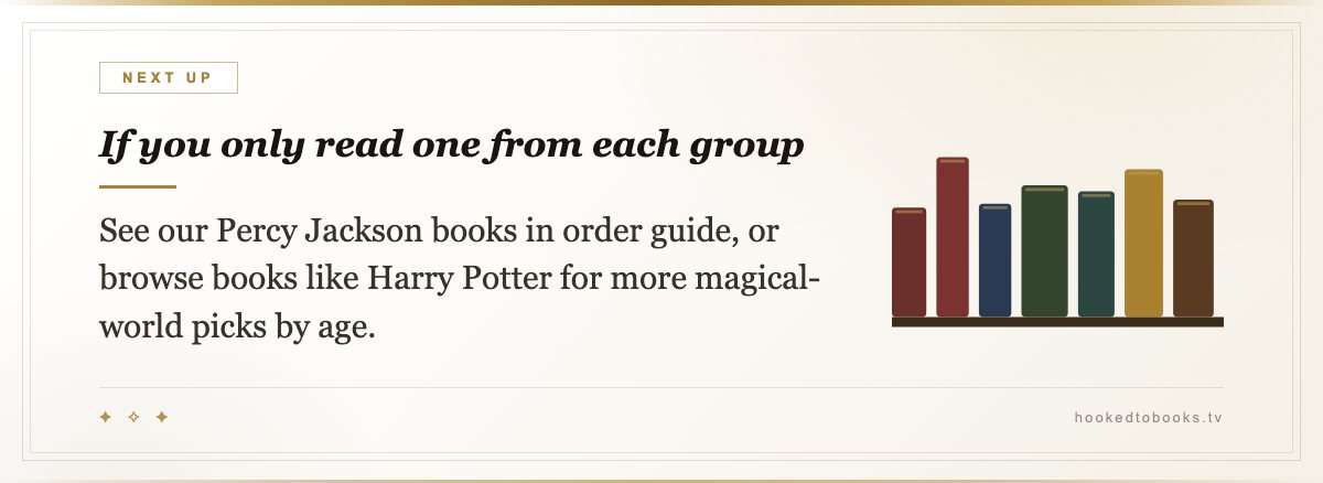 If you only read one from each group — See our Percy Jackson books in order guide, or browse books like Harry Potter for more magical-world picks by age.
