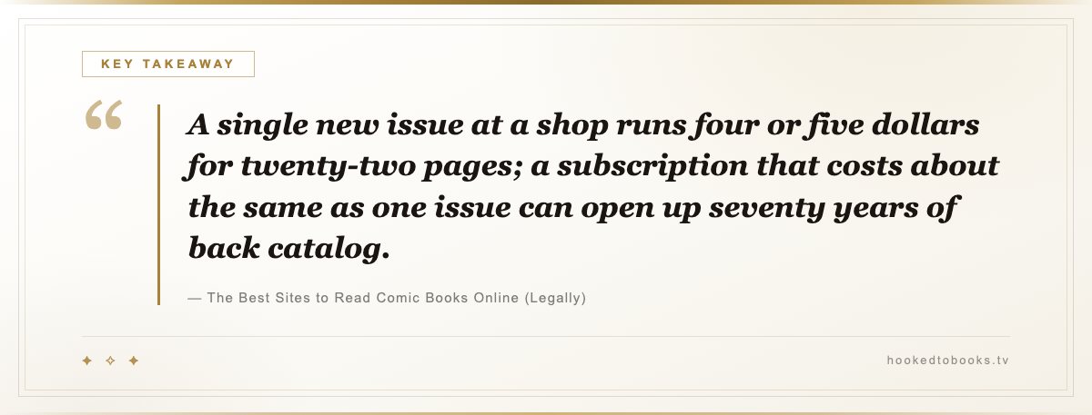 Key takeaway from The Best Sites to Read Comic Books Online (Legally): “A single new issue at a shop runs four or five dollars for twenty-two pages; a subscription that costs about the same as one issue can open up seventy years of back catalog.”