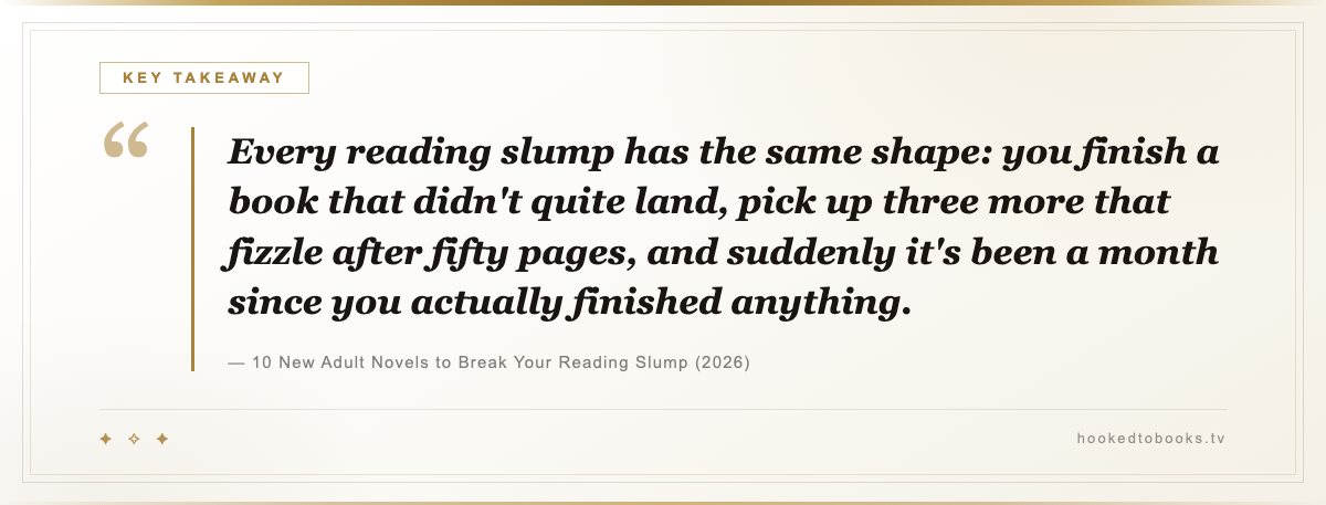 Key takeaway from 10 New Adult Novels to Break Your Reading Slump (2026): “Every reading slump has the same shape: you finish a book that didn't quite land, pick up three more that fizzle after fifty pages, and suddenly it's been a month since you actually finished anything.”