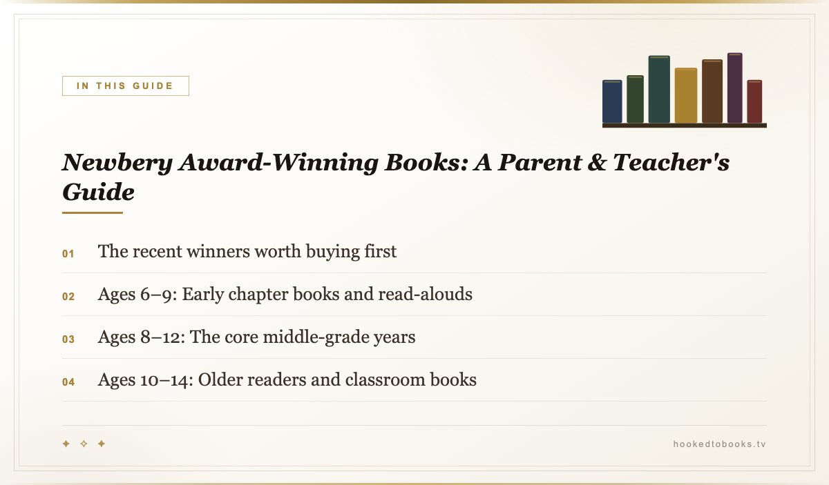 In this guide: The recent winners worth buying first; Ages 6–9: Early chapter books and read-alouds; Ages 8–12: The core middle-grade years; Ages 10–14: Older readers and classroom books