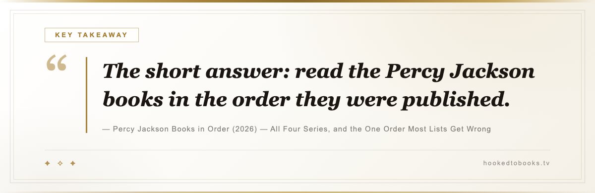 Key takeaway from Percy Jackson Books in Order (2026): “Read the Percy Jackson books in publication order, starting with The Lightning Thief (2005).”