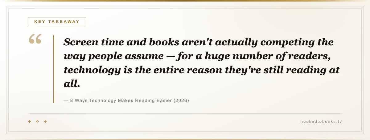 Key takeaway from 8 Ways Technology Makes Reading Easier (2026): “Screen time and books aren't actually competing the way people assume — for a huge number of readers, technology is the entire reason they're still reading at all.”